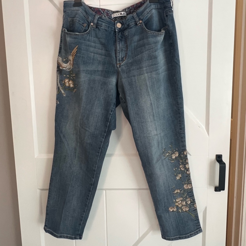 Code Bleu Denim Cropped Jeans with Bird Embroidery size 16W